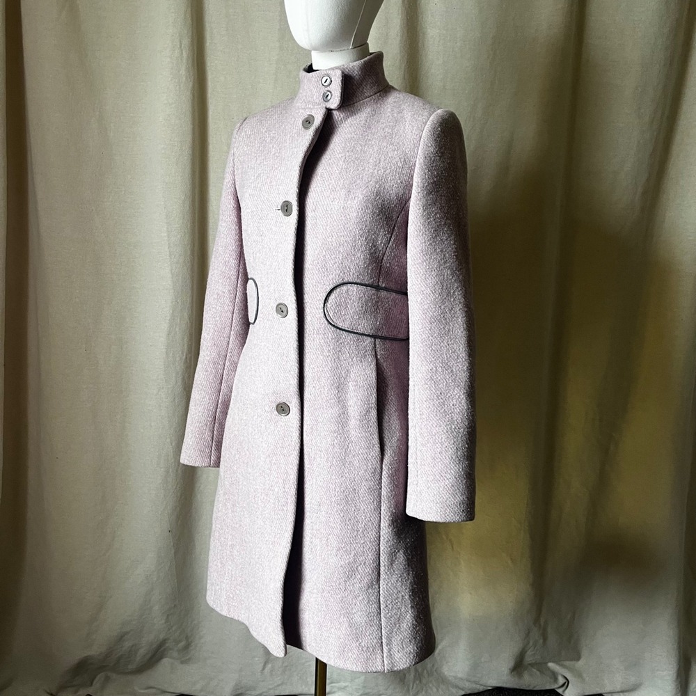 Vintage Y2K Via Spiga Pink Wool Stand Collar Coat Leather Trim Size 8 - Picture 4 of 9